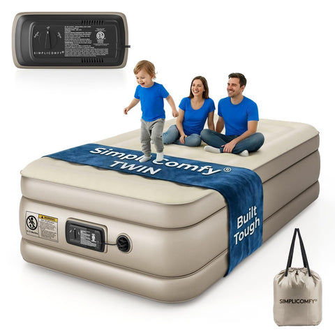 Simpli Comfy front view of inflated twin mattress showing height and profile, for comfortable elevated sleep