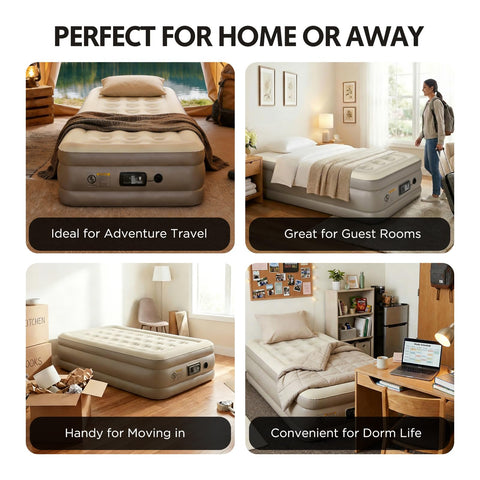Simpli Comfy next to person seated on mattress showing 18-inch bed-height for easier access