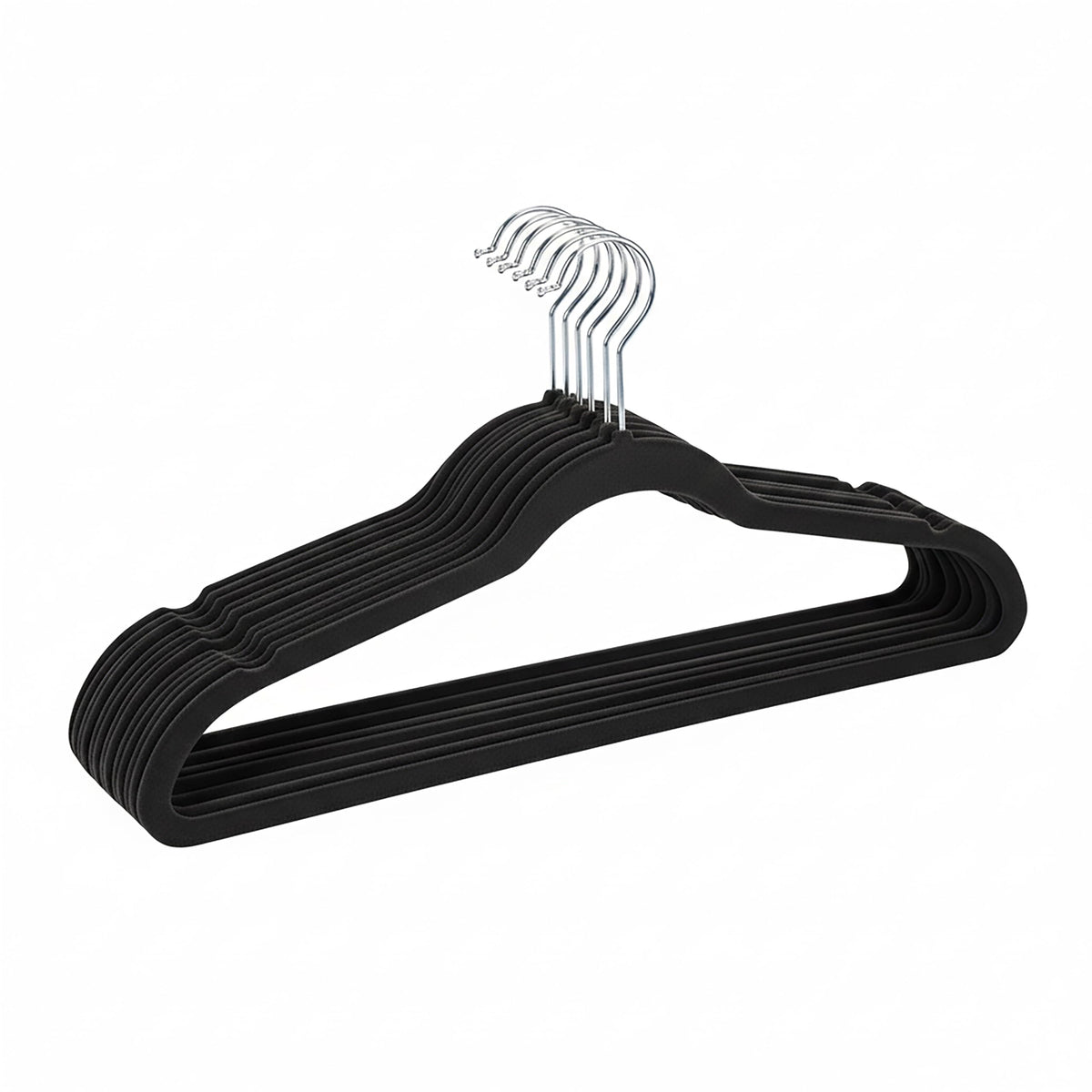 Simplify front view of ten-pack black hangers showing slim uniform design and organized closet benefit