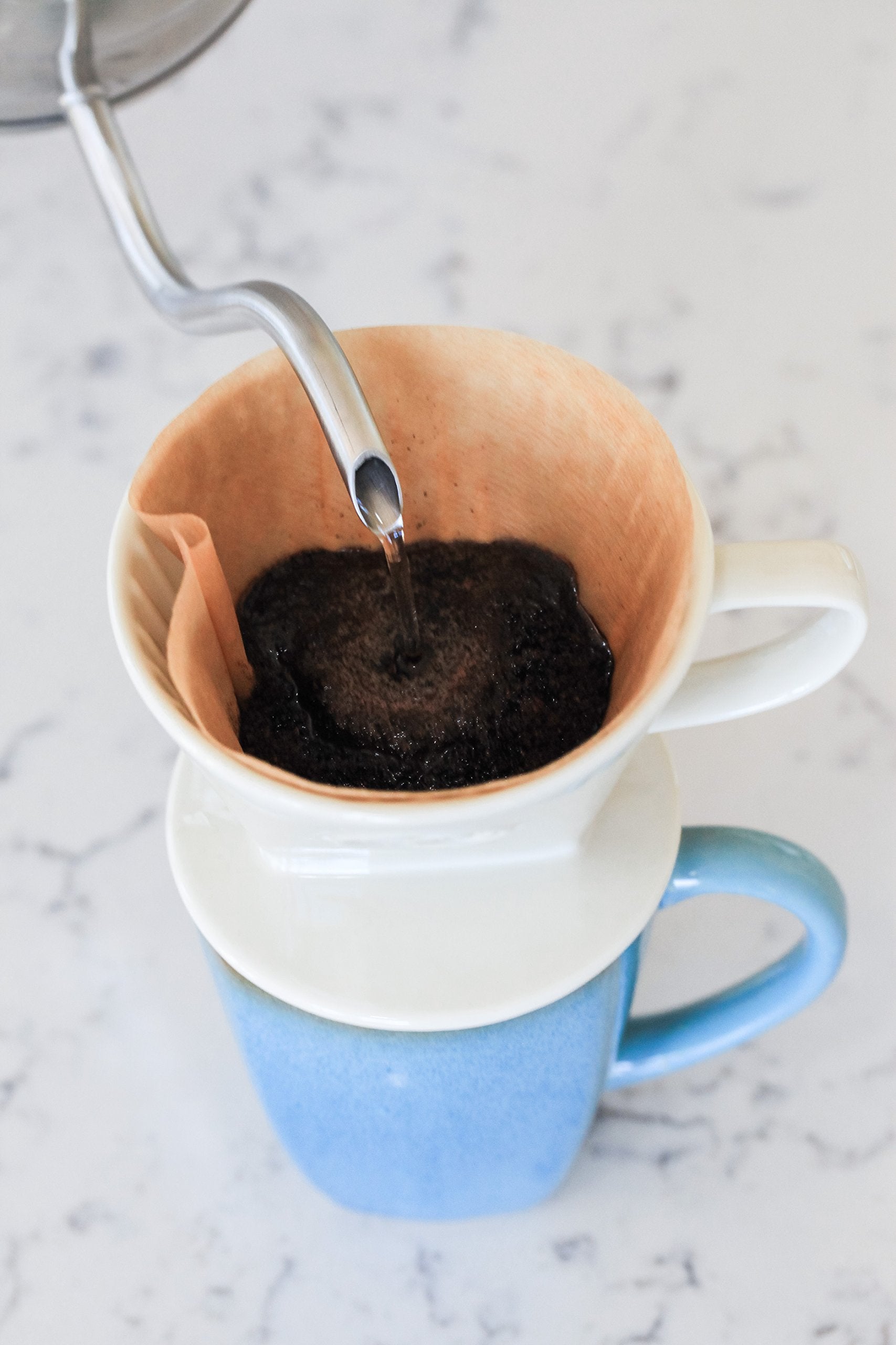Simply Charmed 40-count Melitta filters pack beside dripper, showing ready-to-brew convenience