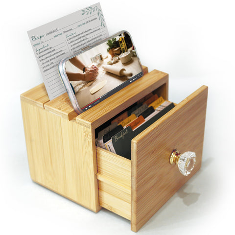 Simply Daisy front view of bamboo recipe box showing elegant knob and finish