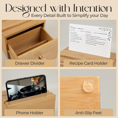 Simply Daisy open drawer with 4x6 recipe cards upright for easy access