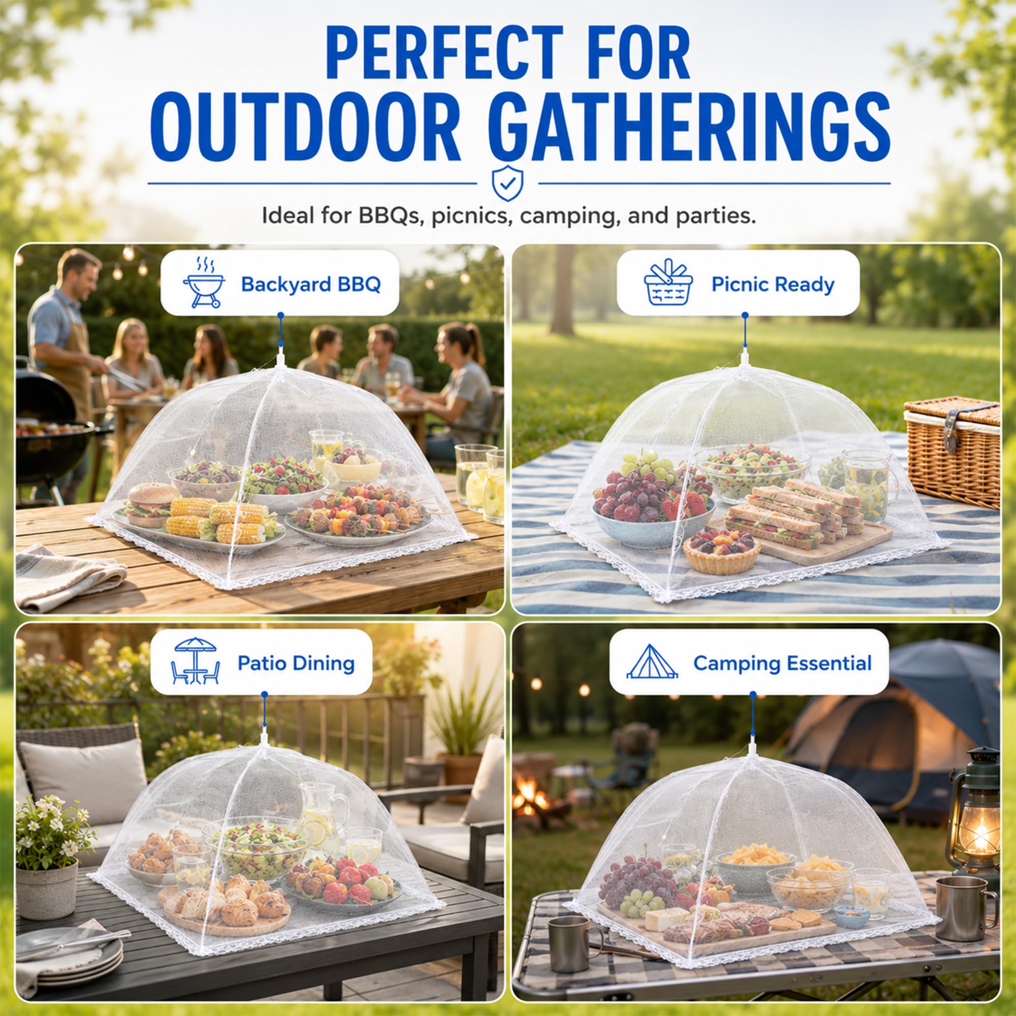 Simply Genius food covers in a picnic scene protecting dishes at an outdoor table