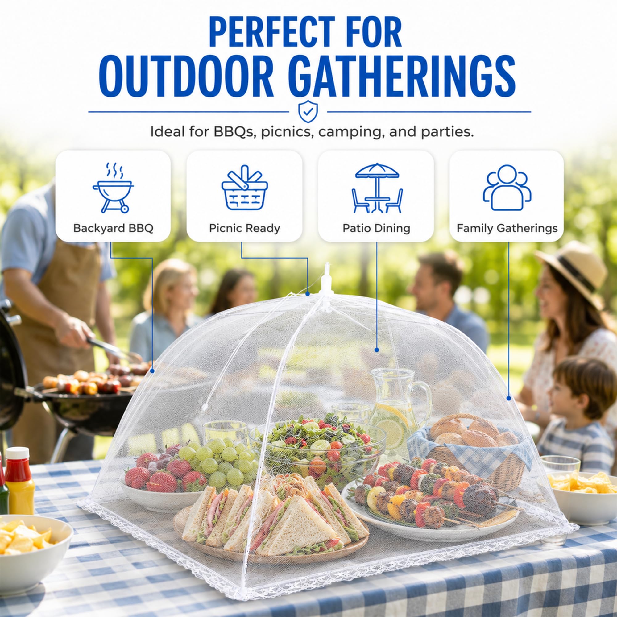 Simply Genius jumbo mesh cover popped up over large platter protecting food from bugs