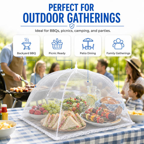 Simply Genius jumbo mesh cover popped up over large platter protecting food from bugs