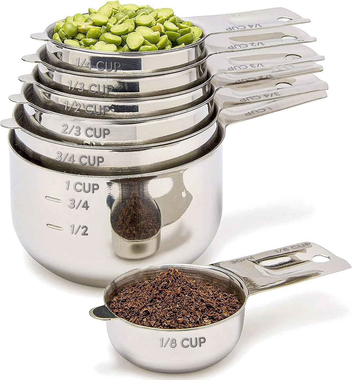 Simply Gourmet front view of the full 7-piece measuring cup set showing neat stackability and durability