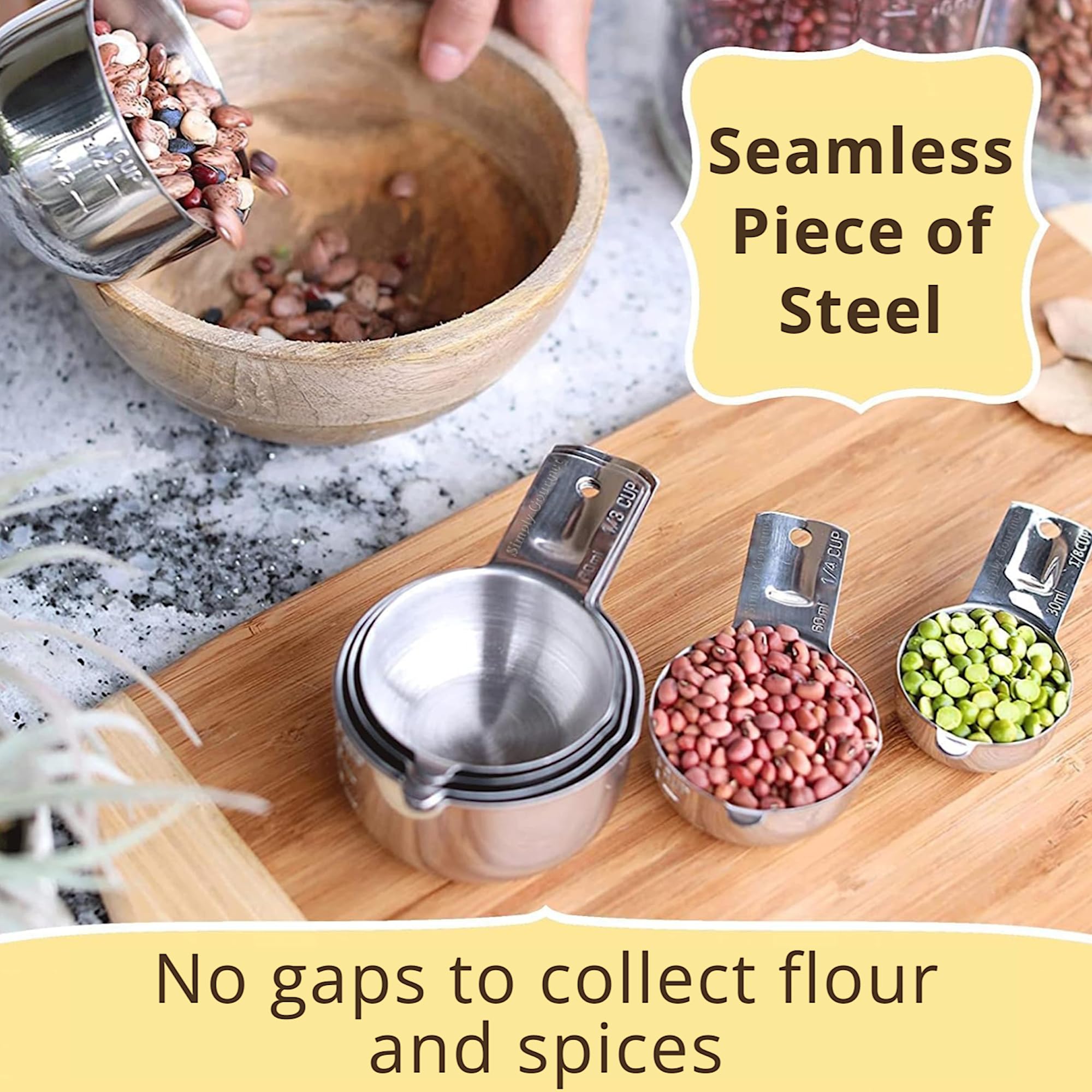 Simply Gourmet leveling flour on a cup rim for precise dry ingredient measurement and cleaner baking