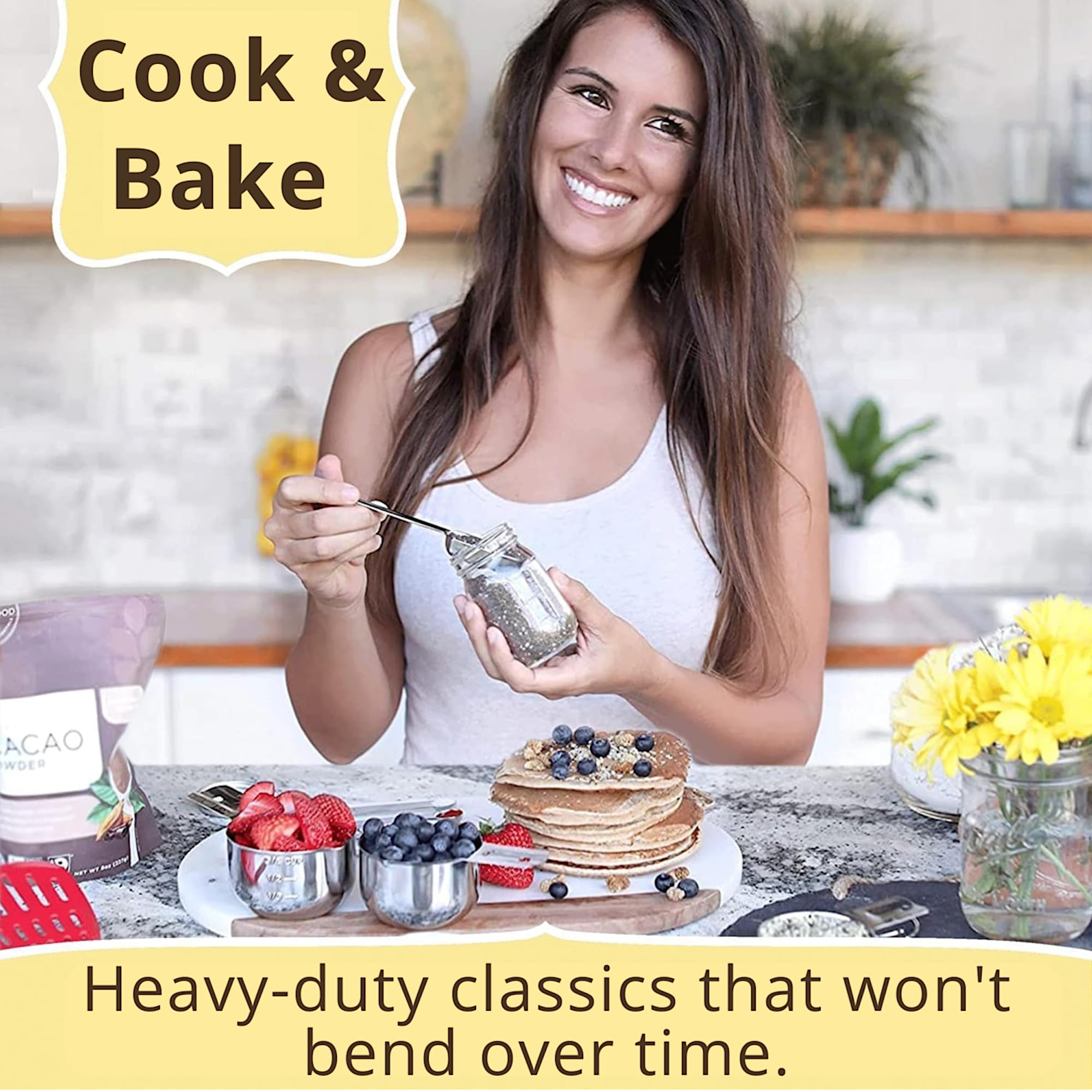 Simply Gourmet measuring cups arranged on a kitchen counter showing everyday usability and style