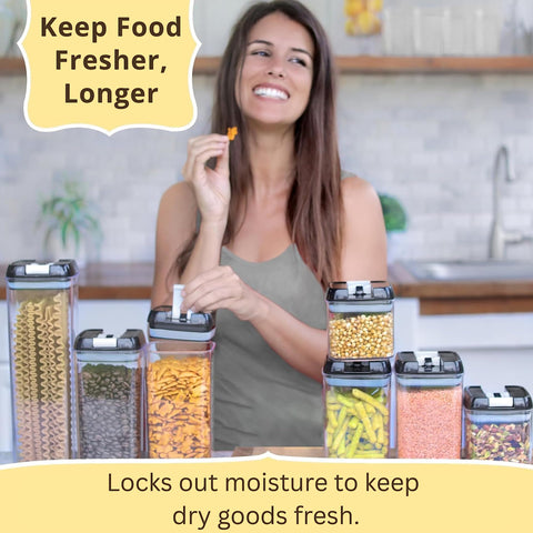 Simply Gourmet stacked containers on pantry shelf save space and order