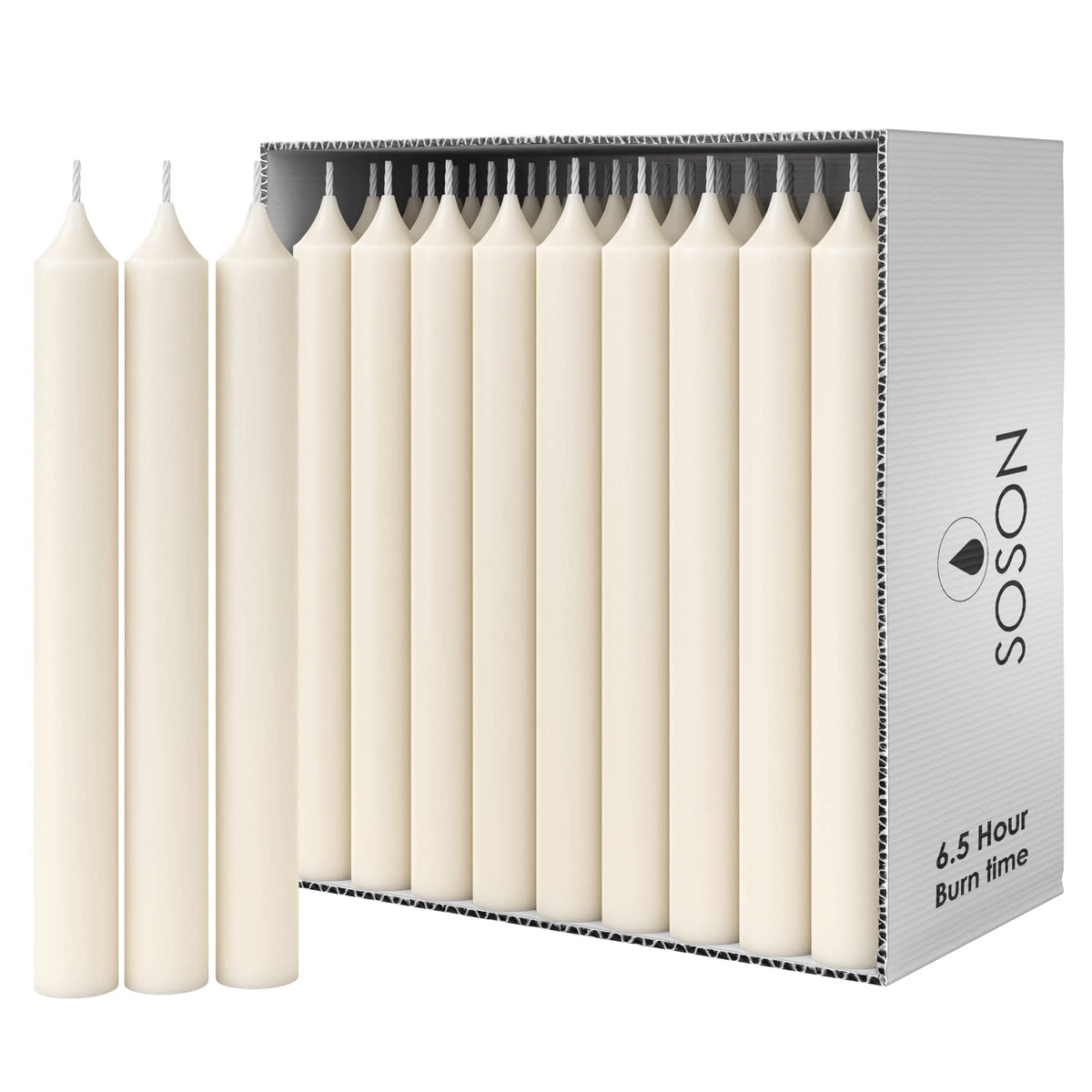 Simply Soson front view of 45-pack showing box and candles for easy storage