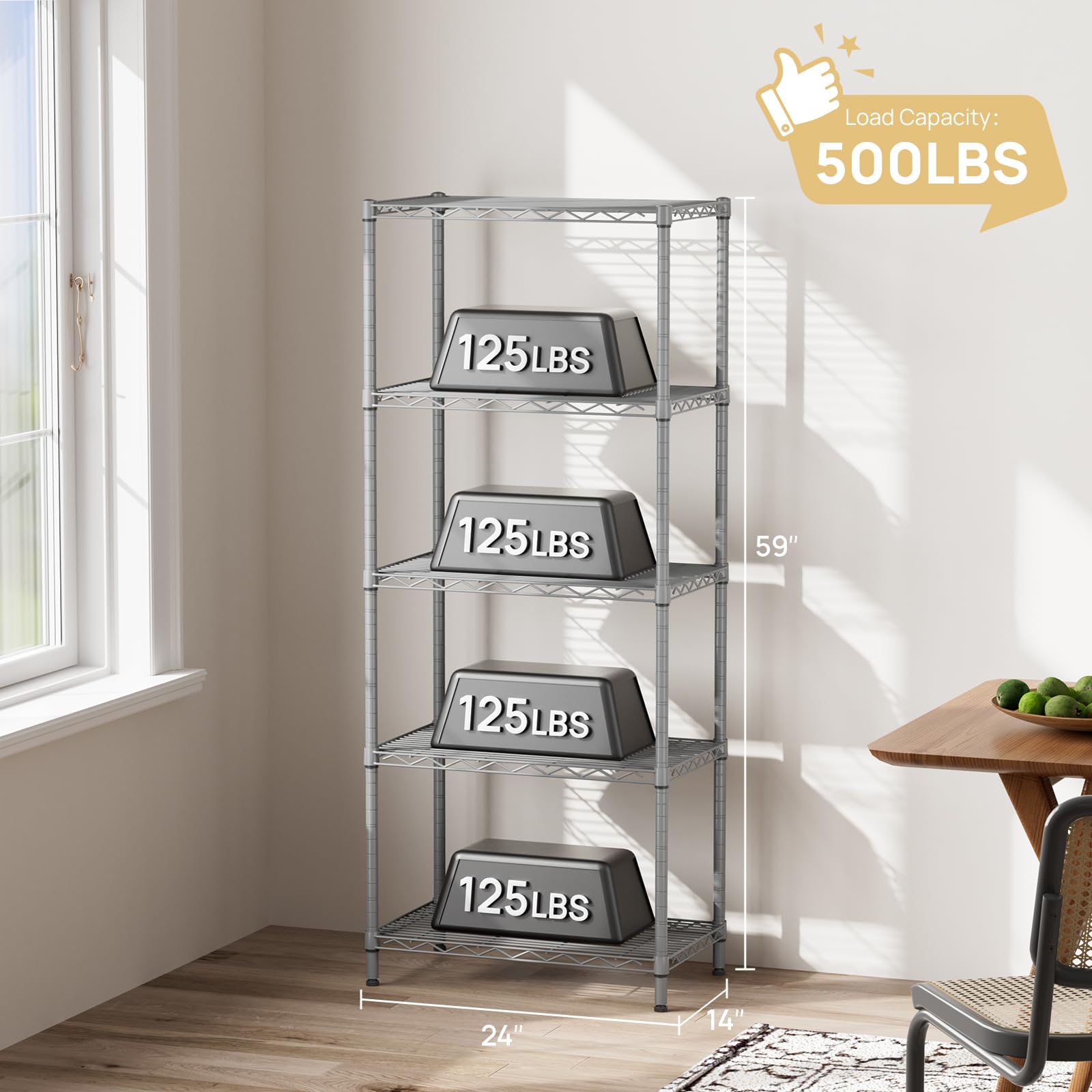 SINGAYE shelf loaded with pantry goods demonstrating heavy-duty capacity and accessibility