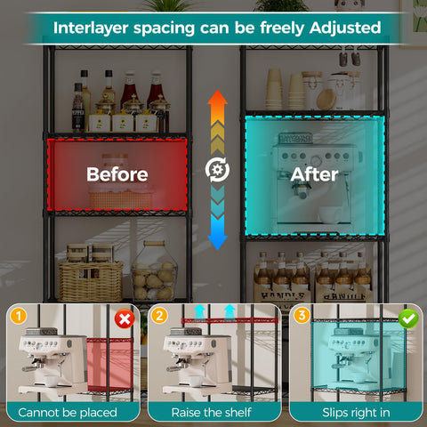 SINGAYE side profile with items showing adjustable shelf spacing benefit