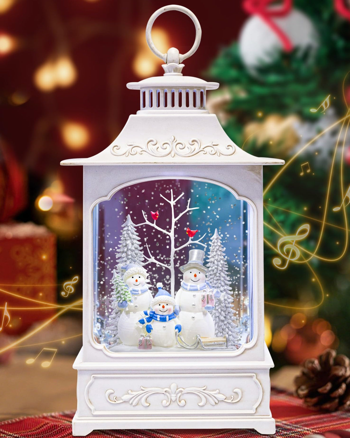 sinofayar front view snowglobe lantern showing illuminated snowman family and festive glow
