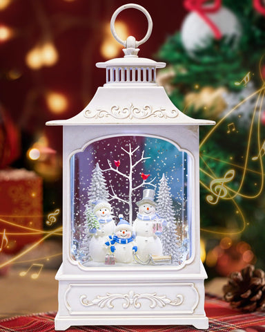 sinofayar front view snowglobe lantern showing illuminated snowman family and festive glow