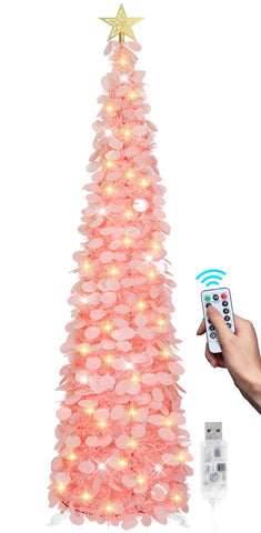 SINTENILL front view pink tinsel tree showing slim profile and sparkle