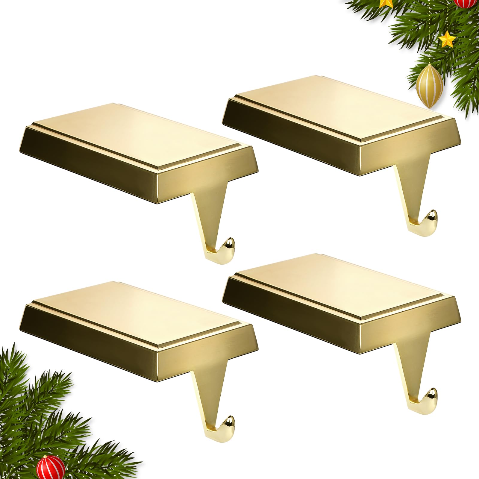 SINTENILL front view of gold stocking holder showing elegant finish and sturdy shape, adds festive polish