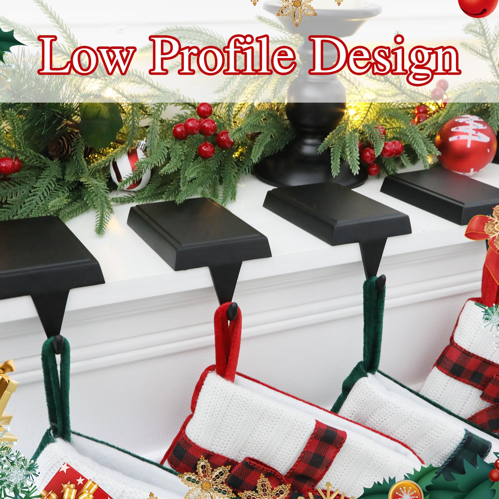 SINTENILL holders in use on mantel with stockings demonstrating stable hanging and decorative appeal