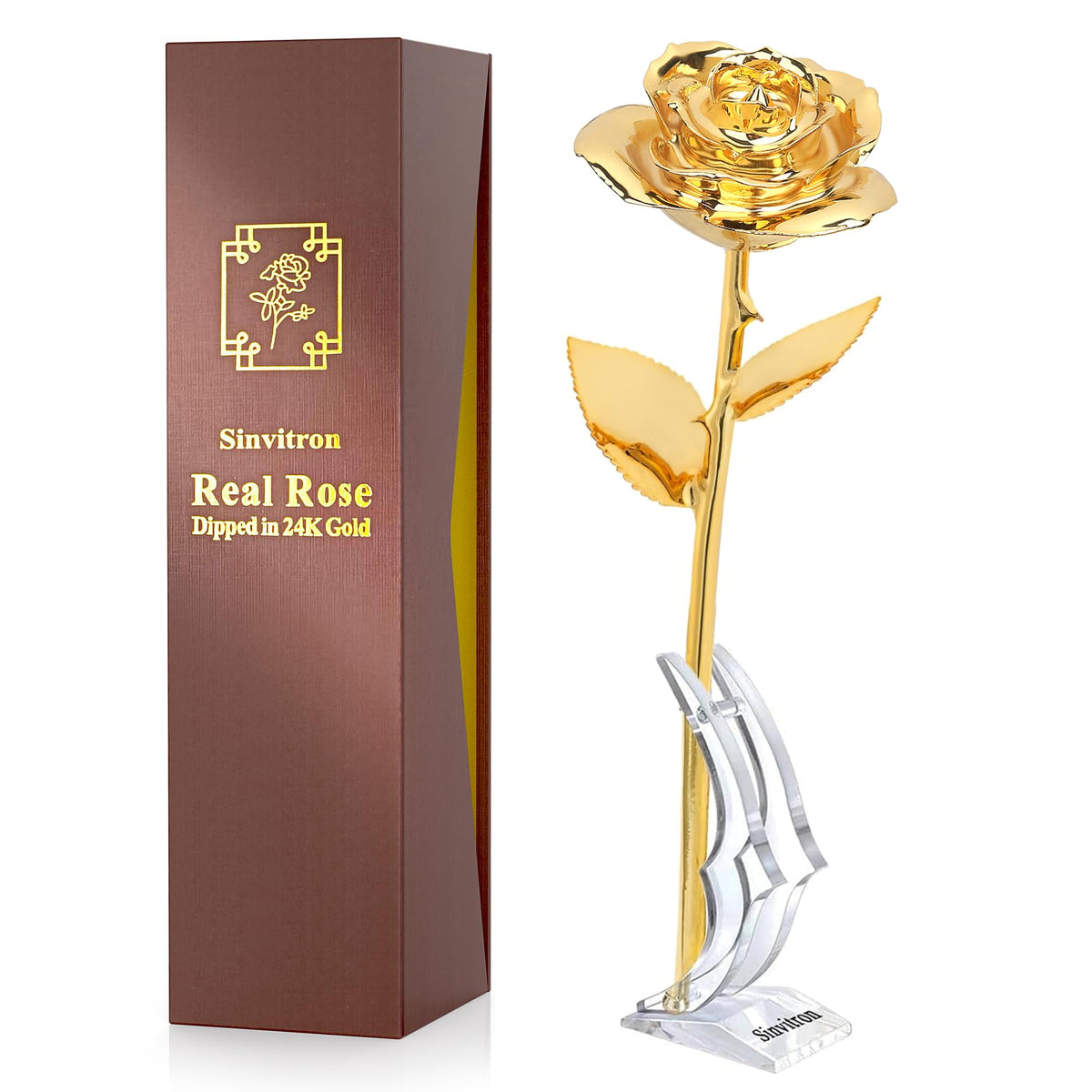 Sinvitron front view of 24K gold dipped rose showing elegant finish and long-lasting beauty