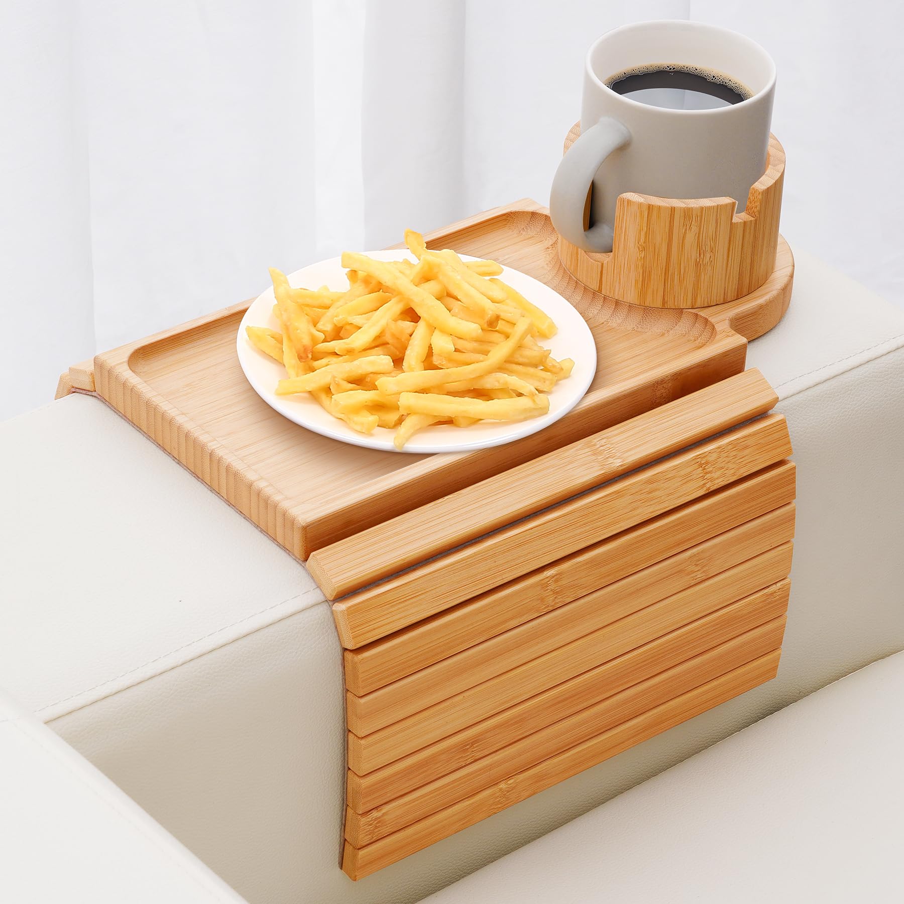 SINWANT front view of bamboo armrest tray showing stable surface and cup holder benefit