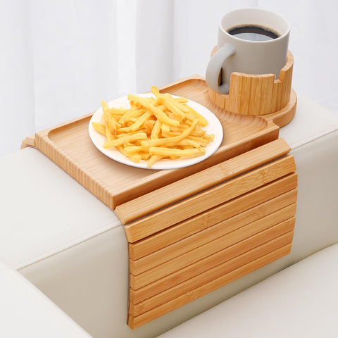 SINWANT front view of bamboo armrest tray showing stable surface and cup holder benefit