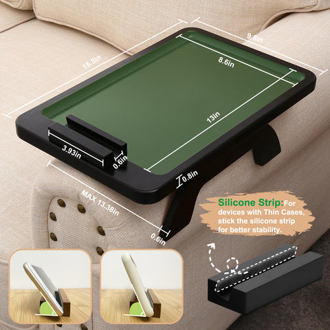 SINWANT tray clipped to rounded armrest demonstrating secure, non-slip hold