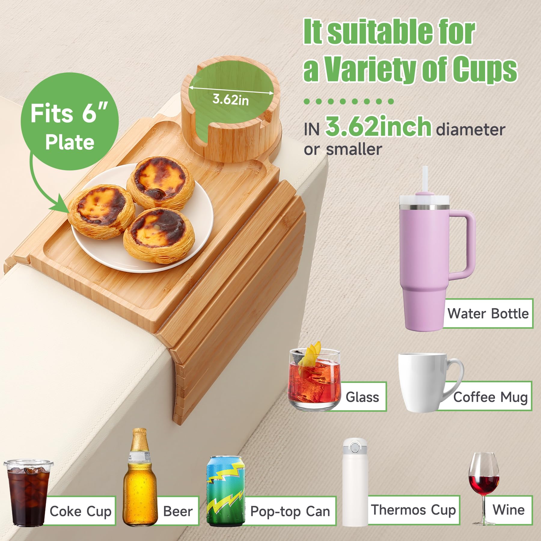 SINWANT tray clipped to sofa in use holding drink and remote for hands-free convenience