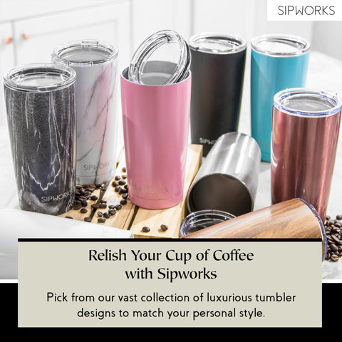 Sipworks hand holding tumbler outdoors showing portability and practical design