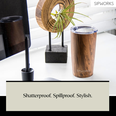 Sipworks tumbler next to smartphone showing 20 oz capacity and scale