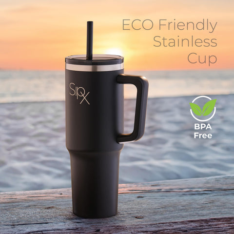 SipX next to a standard water bottle showing 40 oz size and fewer refills