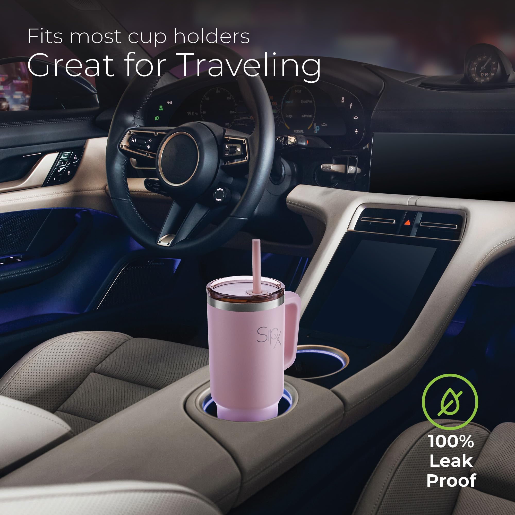 SipX tumbler next to car cup holder showing tapered base for secure fit benefit