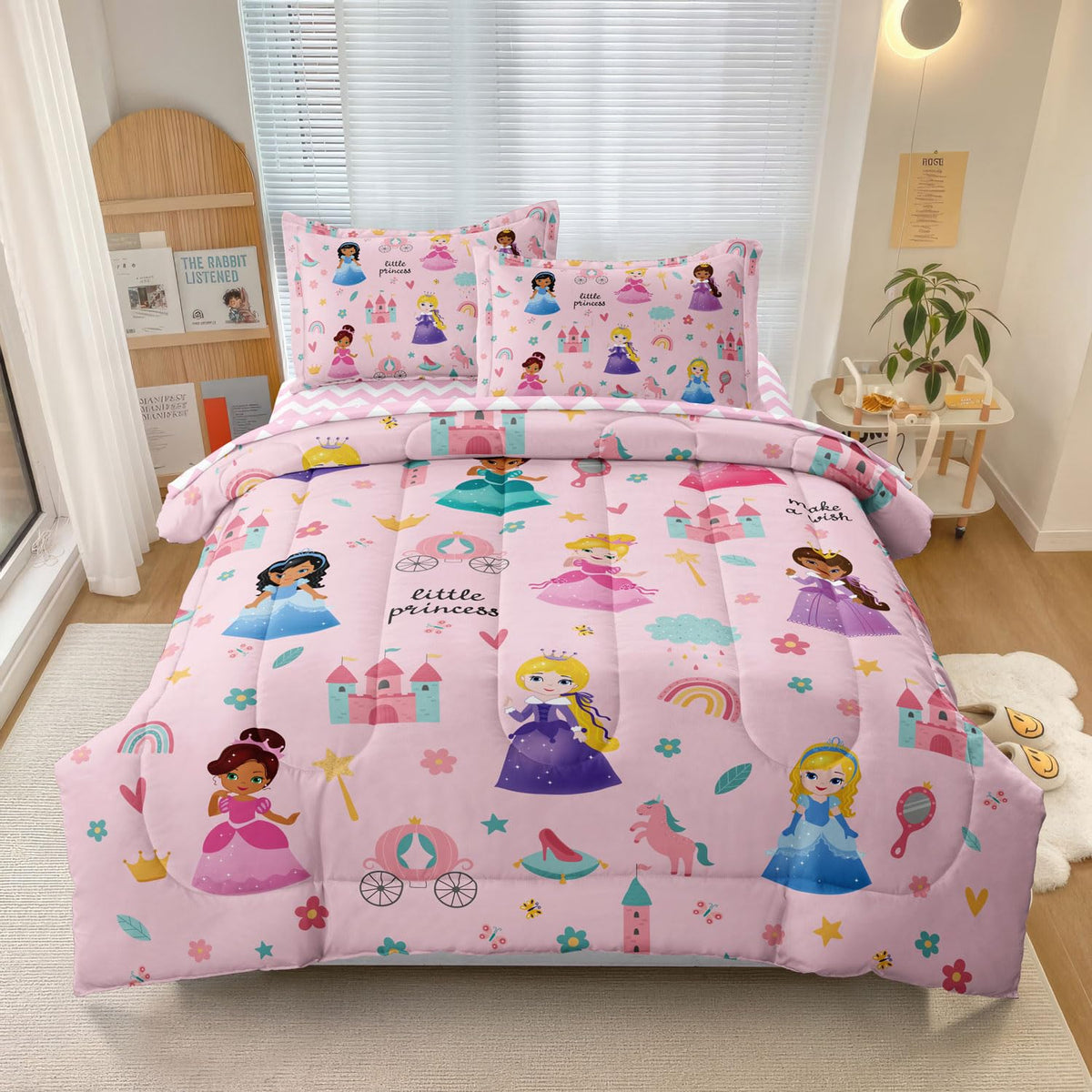 SIRDO front view of pink princess comforter showing full design and cozy look