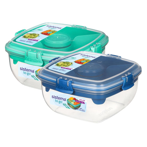 Sistema front view of two blue salad boxes showing compact packaging and portability