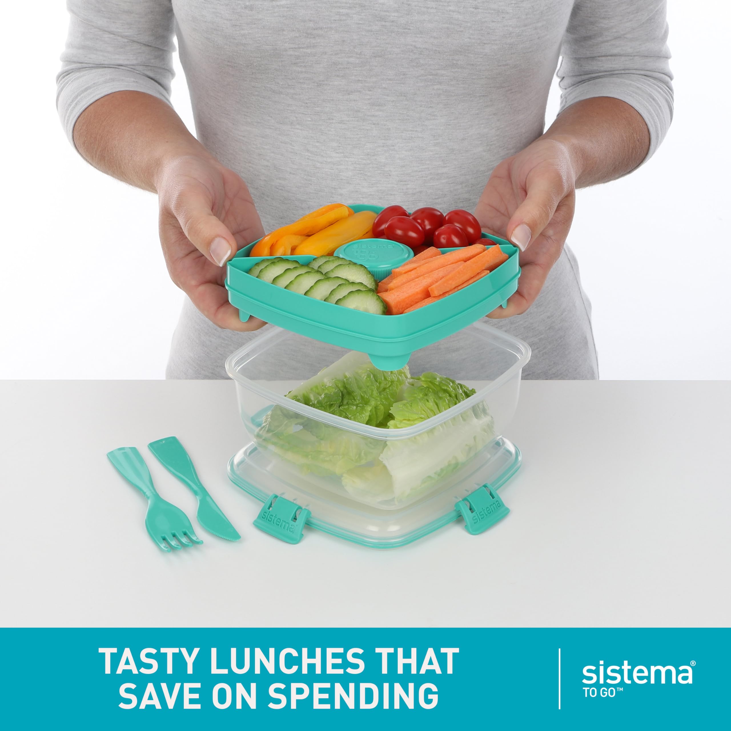 Sistema mixed salad in base ready to toss showing generous capacity and fresh results