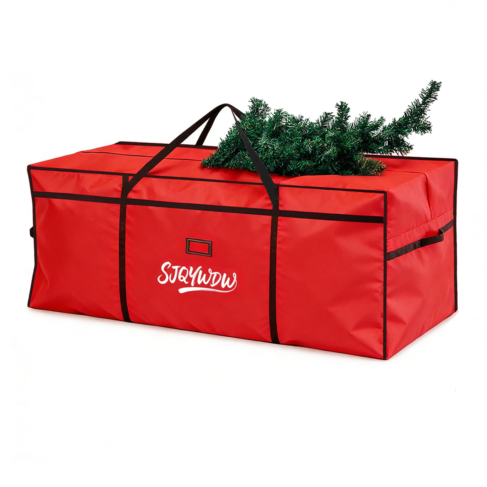 SJQYWDW front view of storage bag showing roomy capacity and festive design benefit