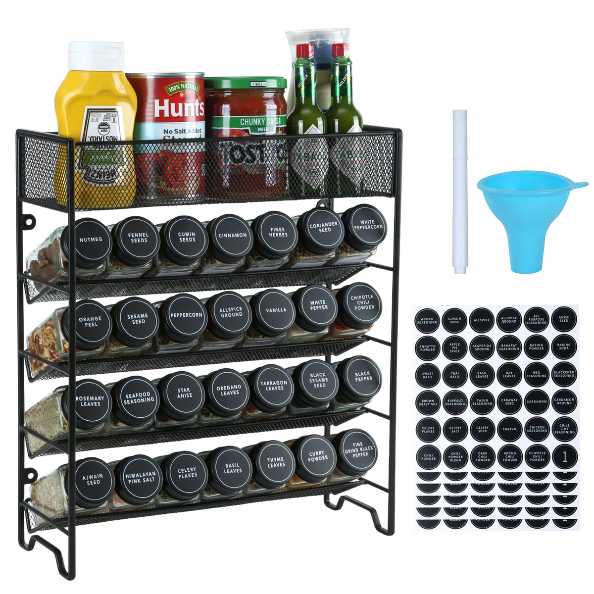 Skiileor front view of full 5-tier spice rack showing organized jars and black lids for easy access