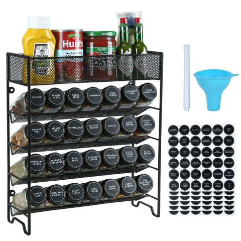 Skiileor front view of full 5-tier spice rack showing organized jars and black lids for easy access
