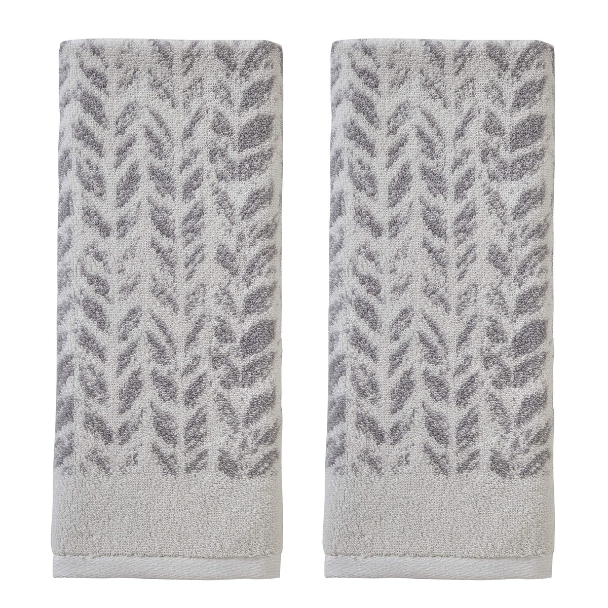 SKL Home front view of gray distressed leaves hand towels showing pattern and color