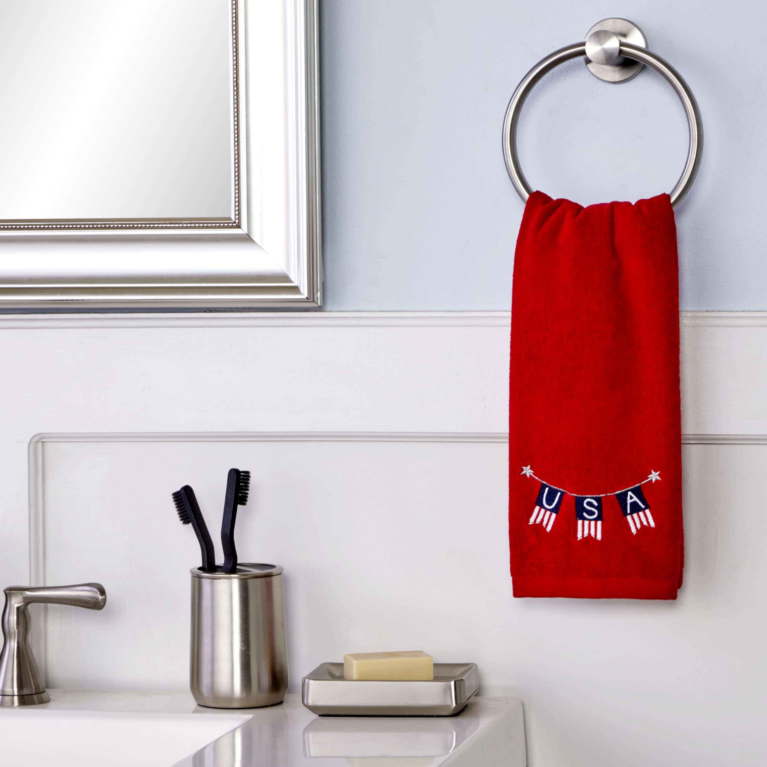 SKL HOME closeup of dog and American flag embroidery highlighting detailed stitching and charm
