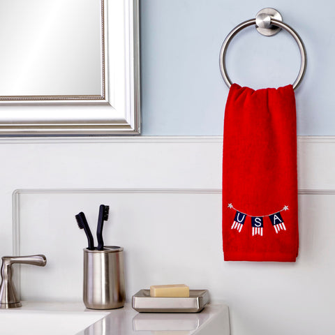 SKL HOME closeup of dog and American flag embroidery highlighting detailed stitching and charm