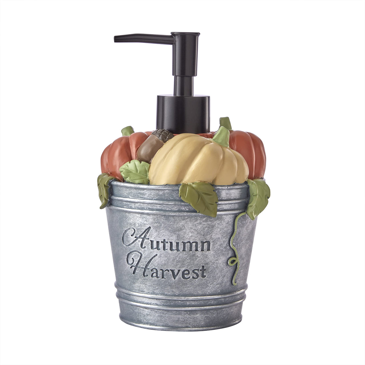 SKL Home front view of harvest bucket dispenser showing pumpkin design and rustic charm