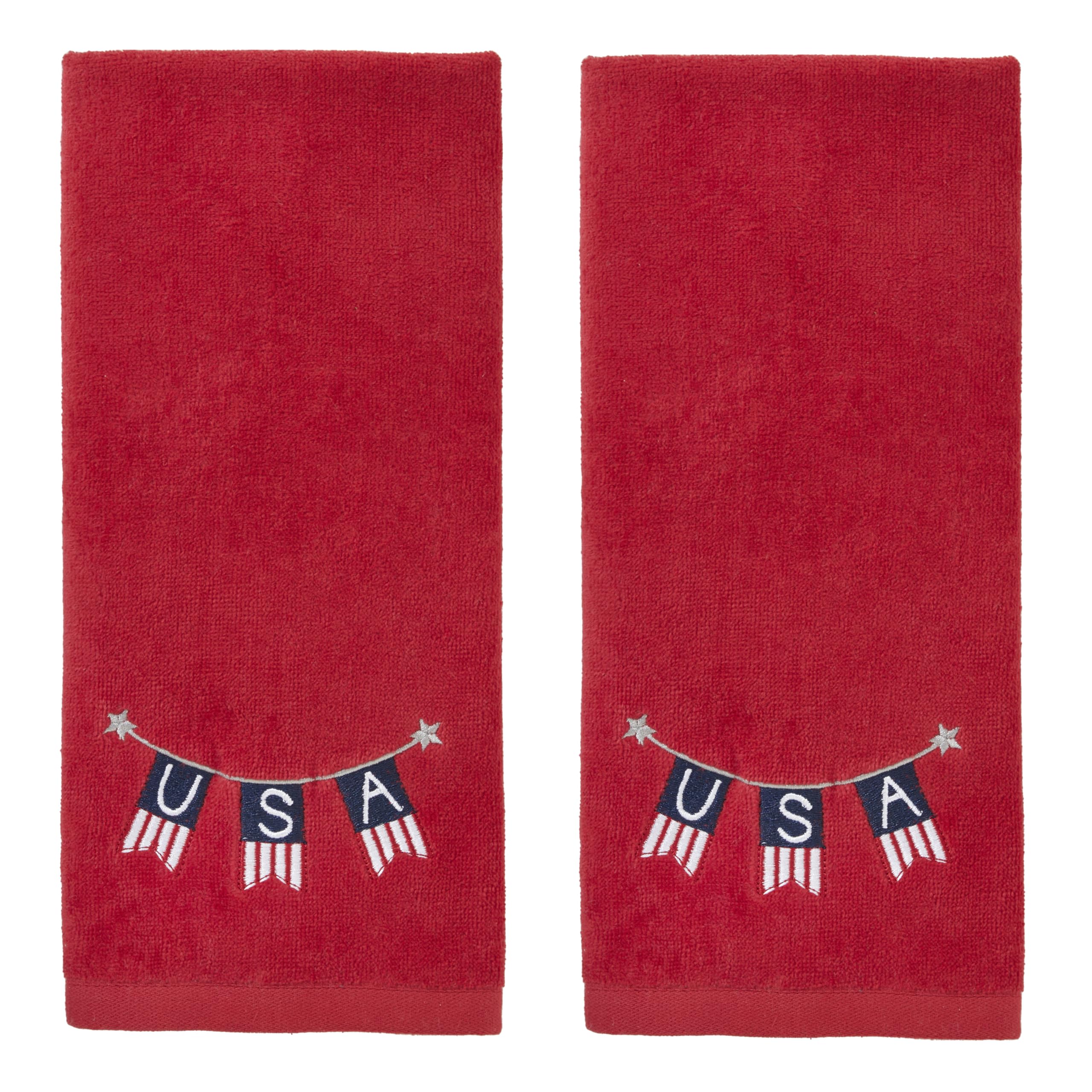 SKL HOME front view of two red hand towels showing patriotic embroidery and neat fold for decoration