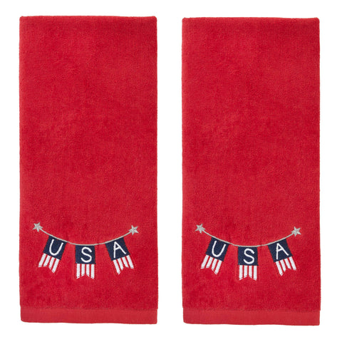 SKL HOME front view of two red hand towels showing patriotic embroidery and neat fold for decoration