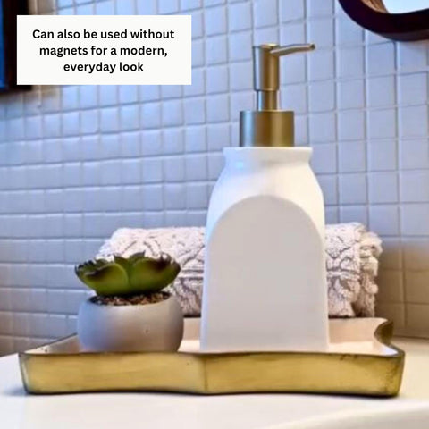 SKL Home dispenser beside standard soap bottle to show 13 oz size and compact footprint