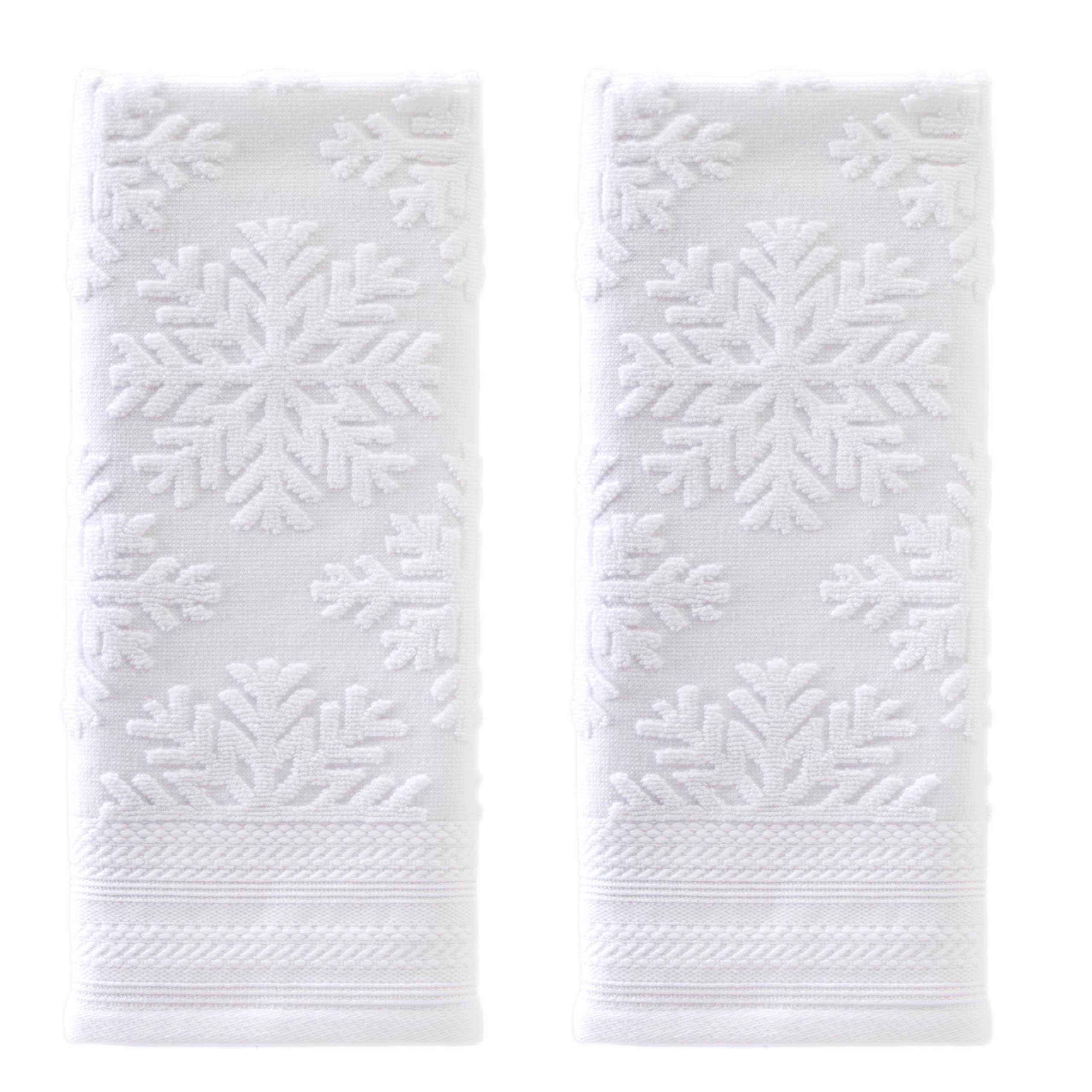 SKL Home front view of white towel set with subtle snowflakes, adds winter charm
