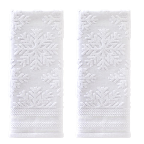 SKL Home front view of white towel set with subtle snowflakes, adds winter charm
