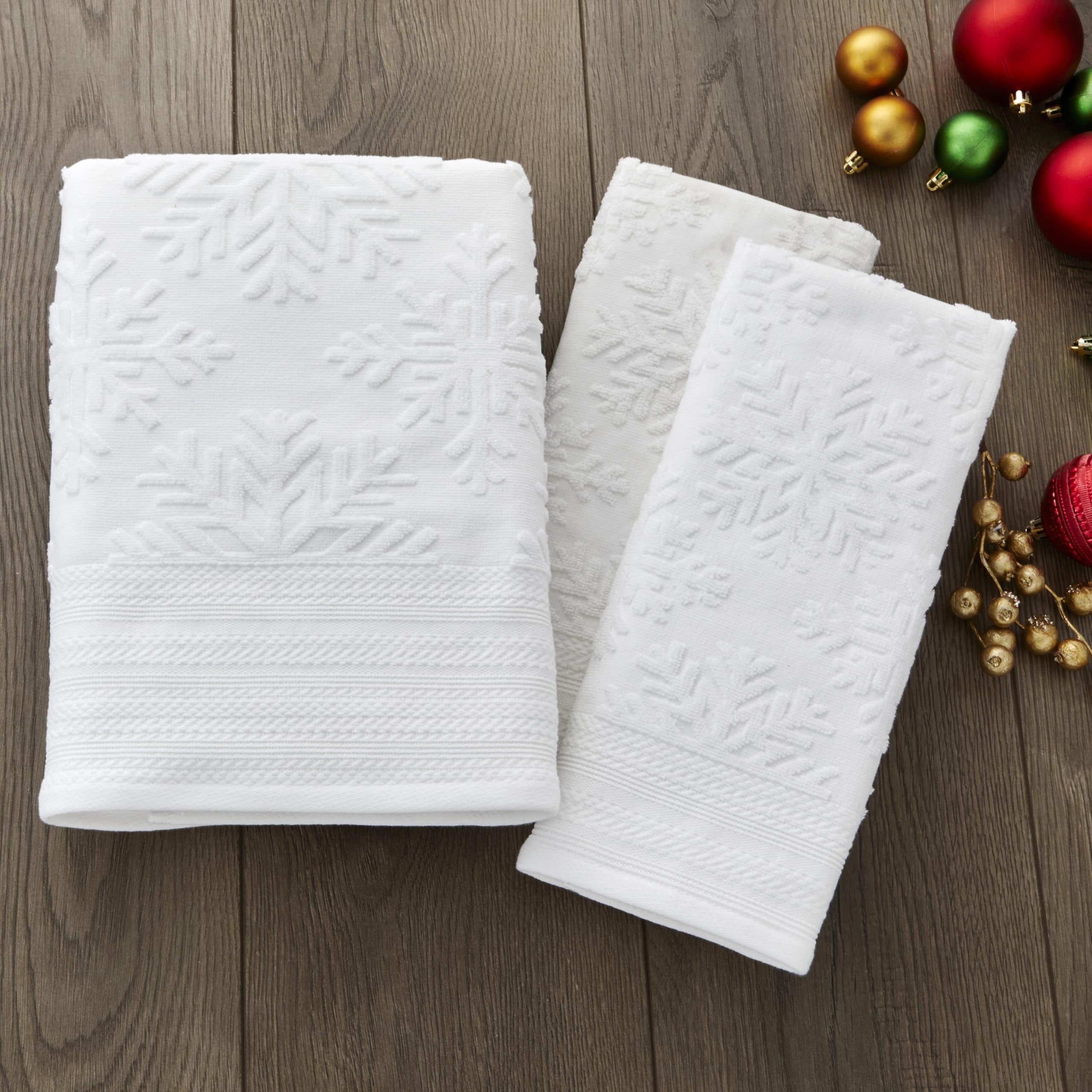 SKL Home towels styled in a kitchen setting, creates a cohesive holiday look