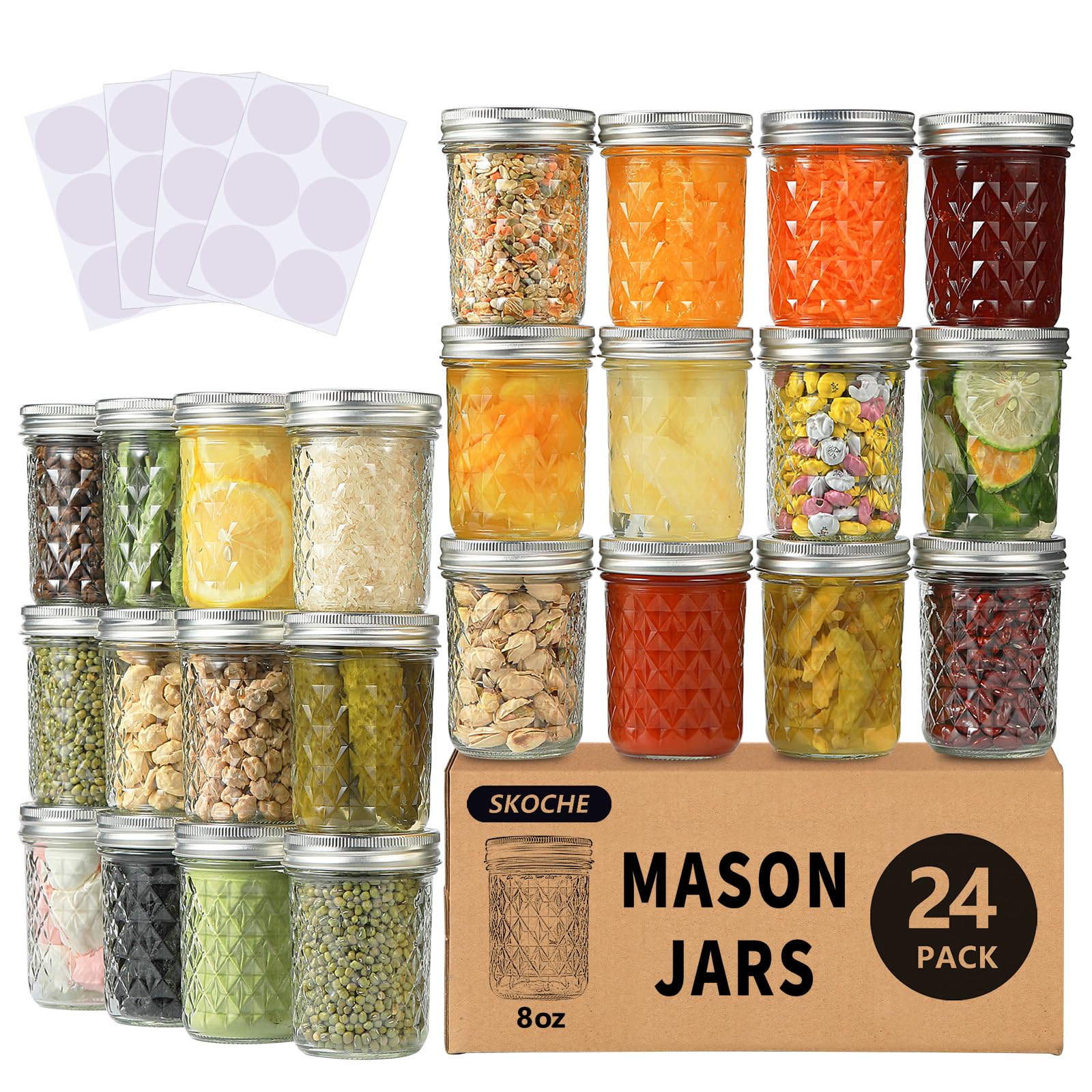 SKOCHE front packaging showing 24 jars and labels for easy storage