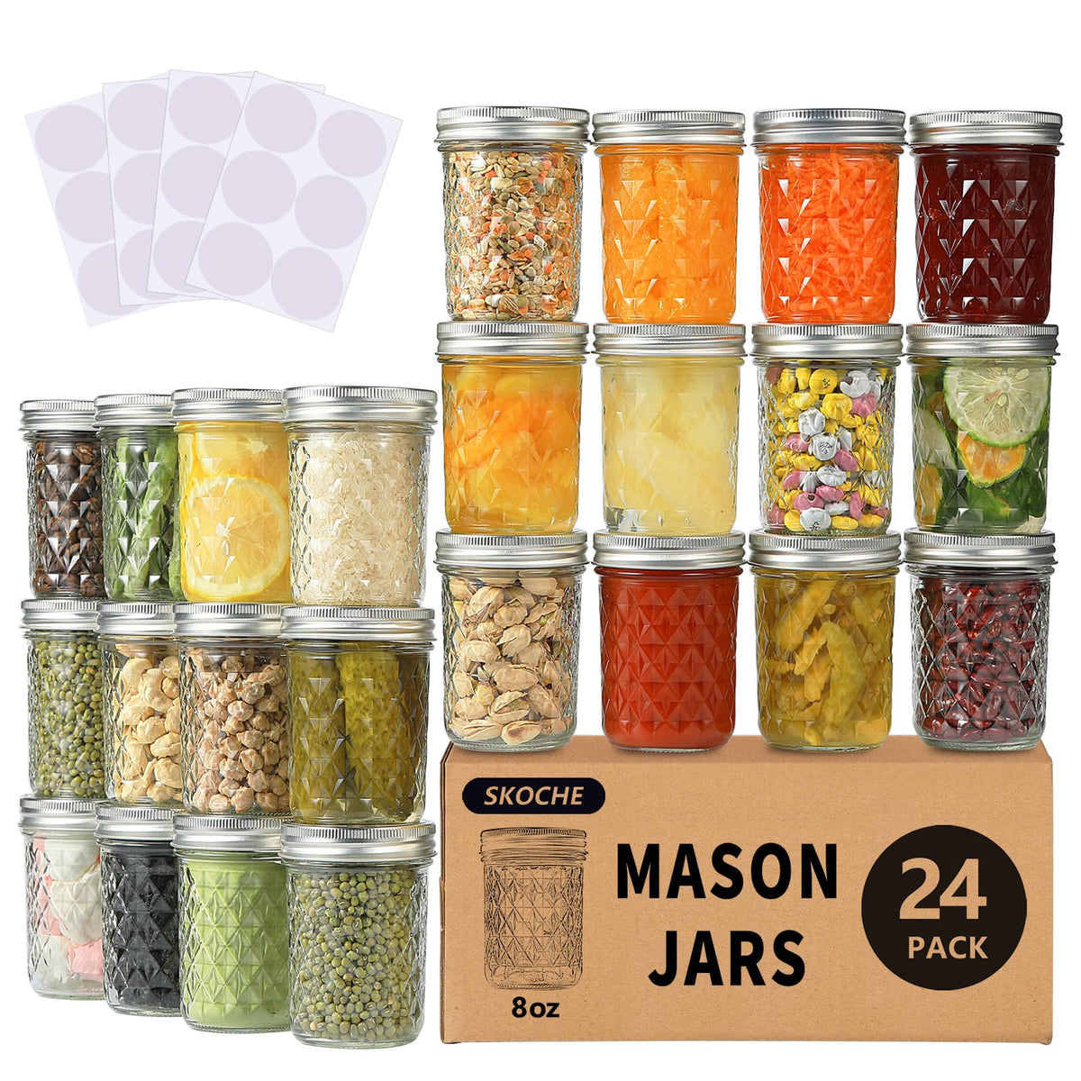 SKOCHE front packaging showing 24 jars and labels for easy storage
