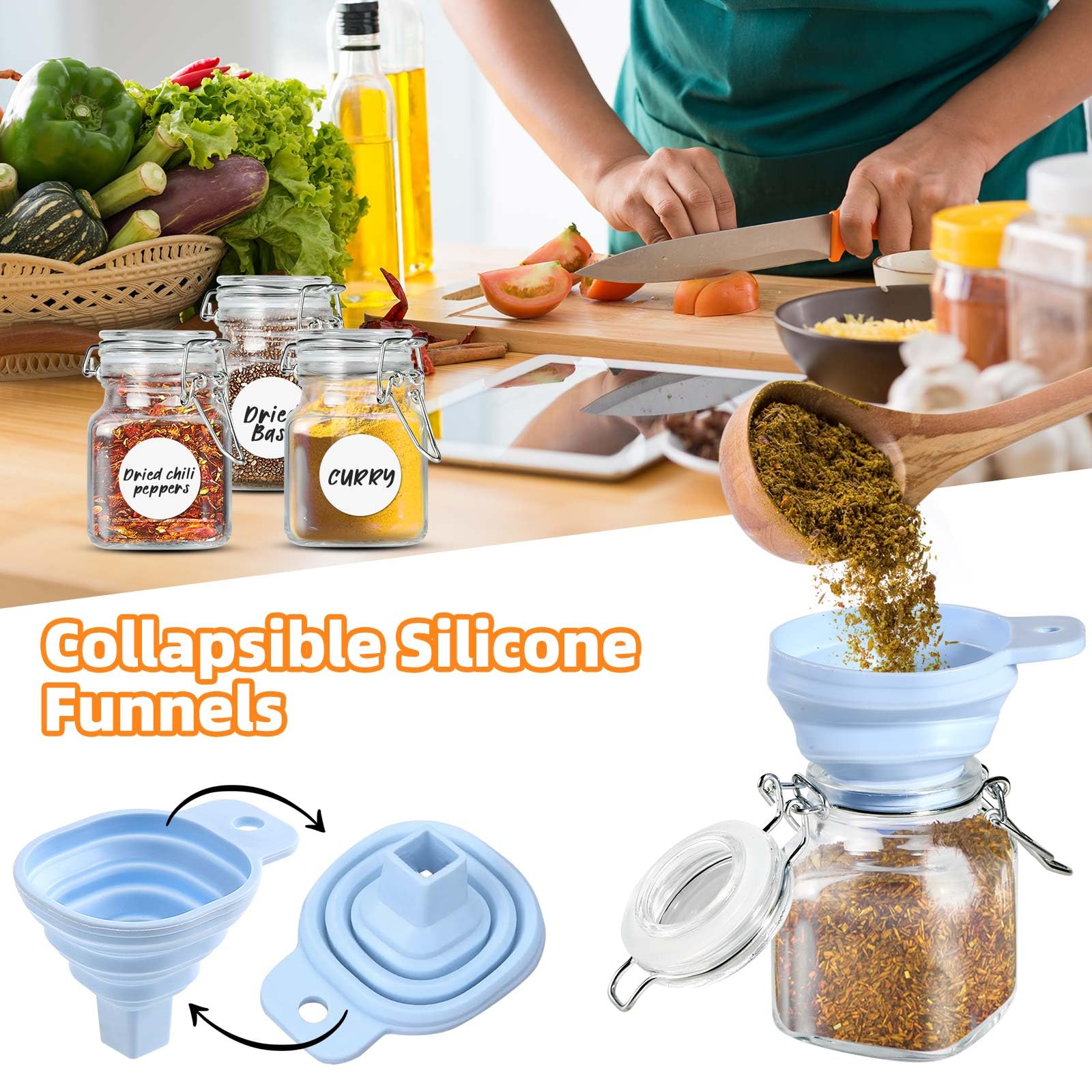SKOCHE jars arranged on a spice rack illustrating organized kitchen benefit
