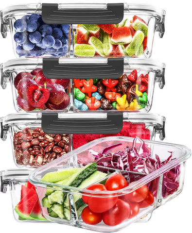 Skroam front view of 36oz 3-compartment glass container showing tidy storage benefit